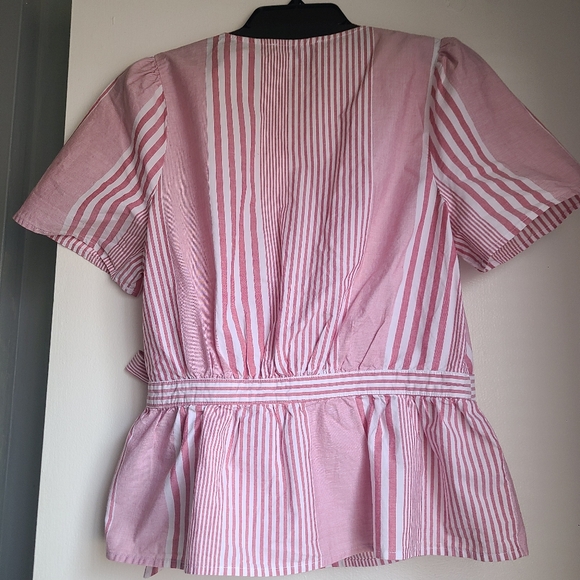Madewell Cotton Read and White Strip Short Sleeve Wrap top Side Tie Size S - Picture 9 of 11